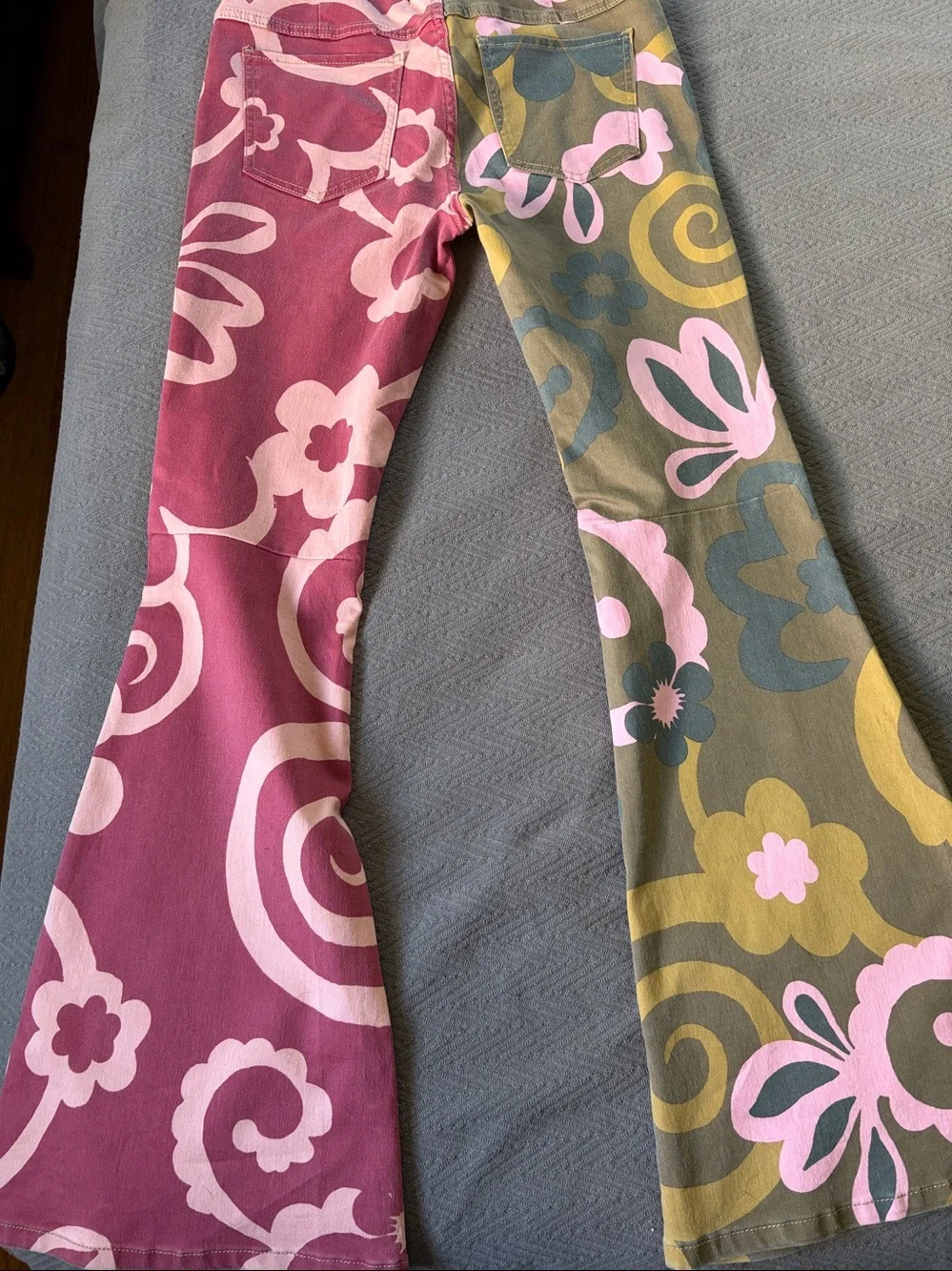 We The Free Floral Print Two-Tone Bell Bottom Pants in Pink and Olive